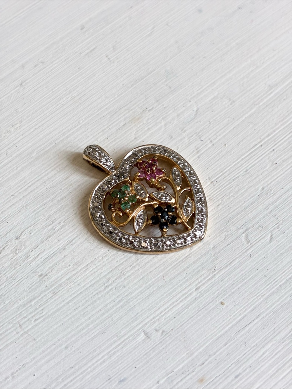 Vintage Ross-Simons 925 Ruby, Sapphire, Emerald Two Tone Heart Pendant Sterling